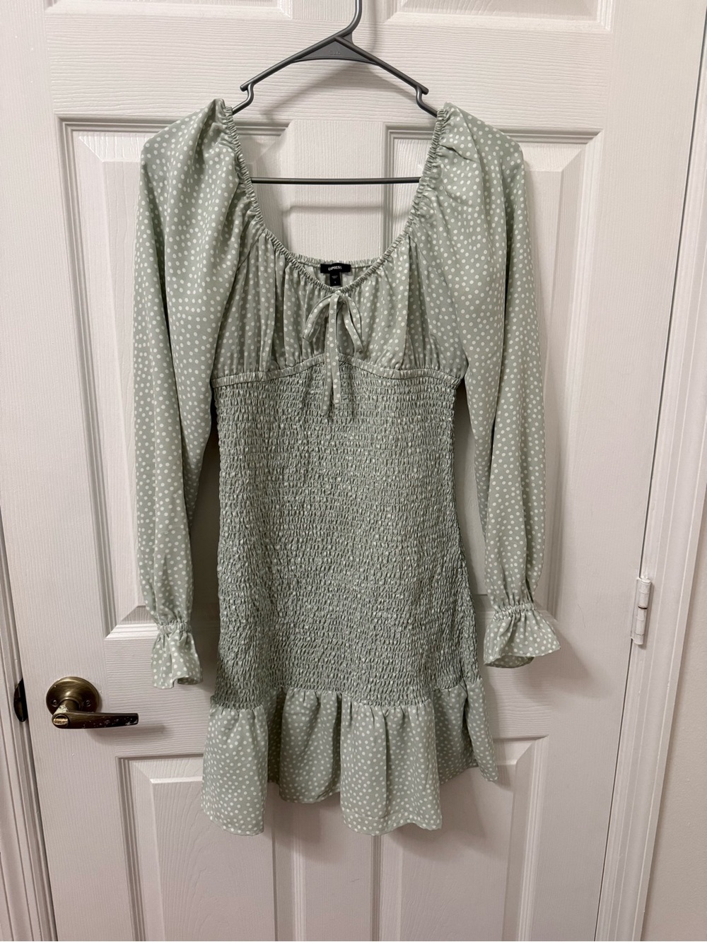 Express Light Sage Polka Dot Smocked Long Sleeve Mini Dress - Worn Once
